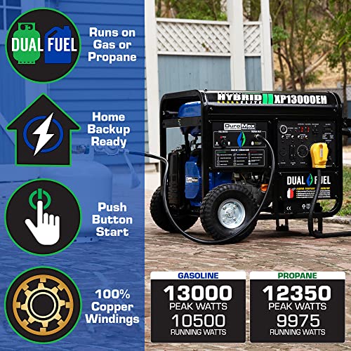 DuroMax XP13000EH Dual Fuel Portable Generator 13000 Watt Gas or Propane Powered Electric Start-Home Back Up, Blue/Gray