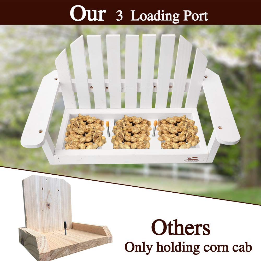 Solution4Patio White Bench Chair Chipmunk & Squirrel Feeder, Mesh Bottom, 2 Corn Cob Holders, Peanut or Acorn Loader, Solid Pine Wood, 13 in. L x 5.1 in. W x 8.3 in. H, Funny Gift & Deco, #B103A02