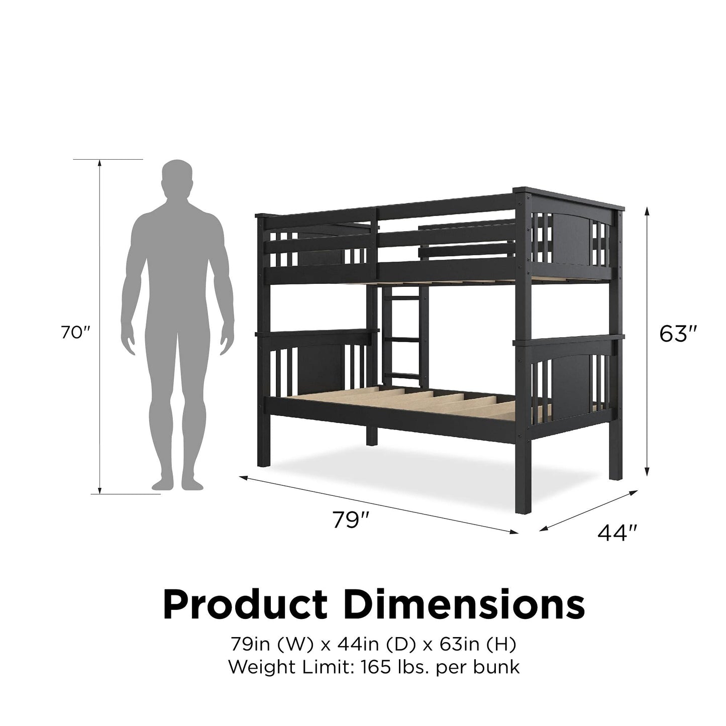 DHP Dylan Twin Over Twin Bunk Bed, Espresso, Sturdy Wood Construction, Converts to 2 Twin Beds, Guard Rails, Step Ladder