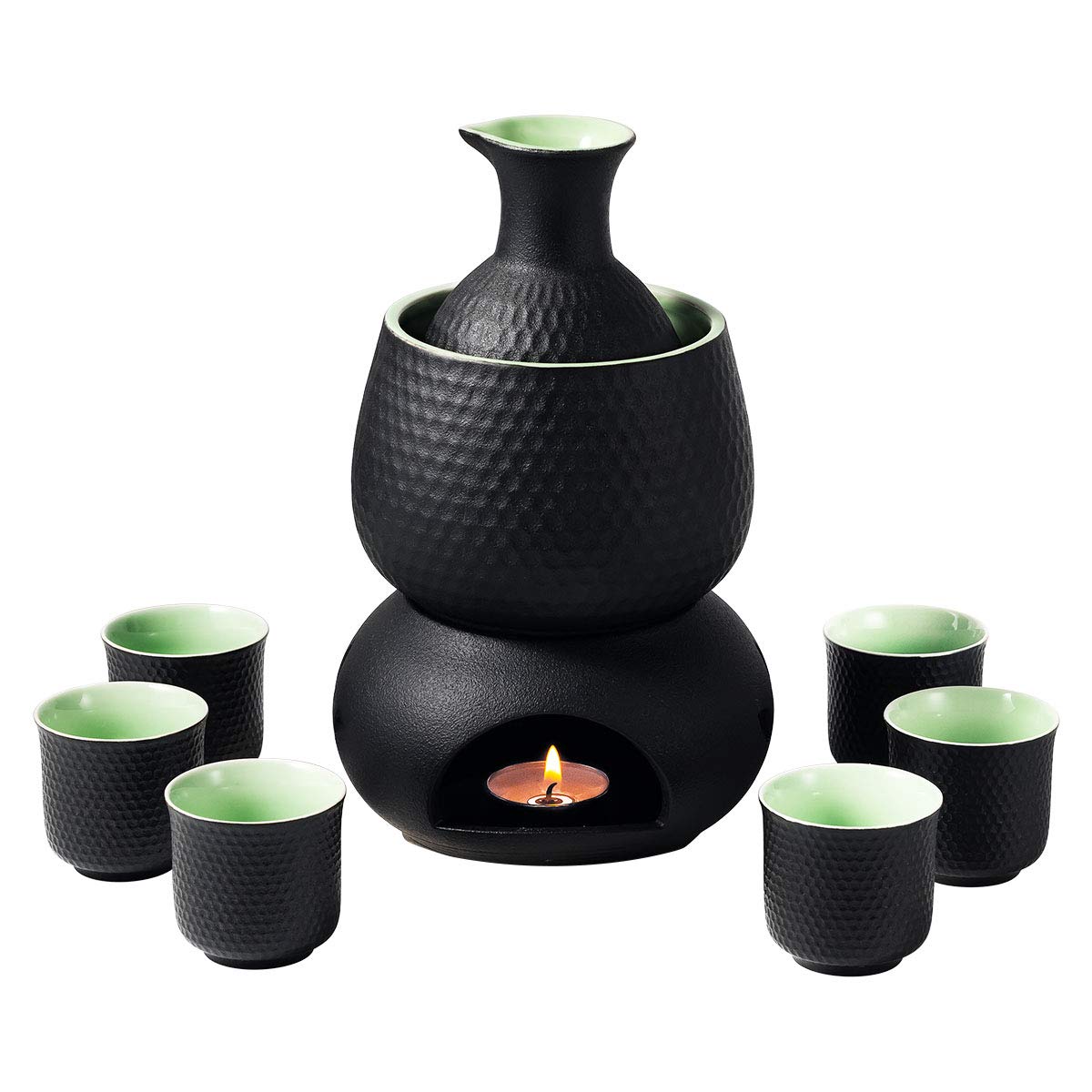 Ceramic Sake Set Cups with Warmer Keep Sake Storage Box, Traditional Porcelain Pottery Hot Saki Drink, 9pcs include 1 Stove 1 Warming Bowl 1 200ml Sake Bottle 6 Cup