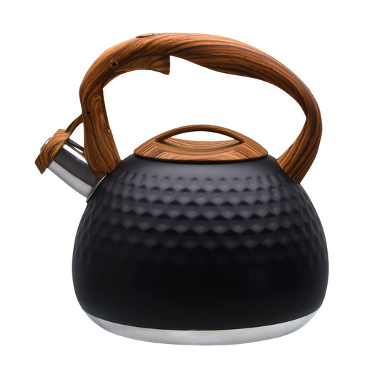 GGC Tea Kettle for Stove Top, Loud Whistling Kettle for Boiling Water Coffee or Milk, 3.1 Quart 3L Heavy Stainless Steel Black Kettle with Wood Pattern Handle, Unique Button Control Kettle Outlet