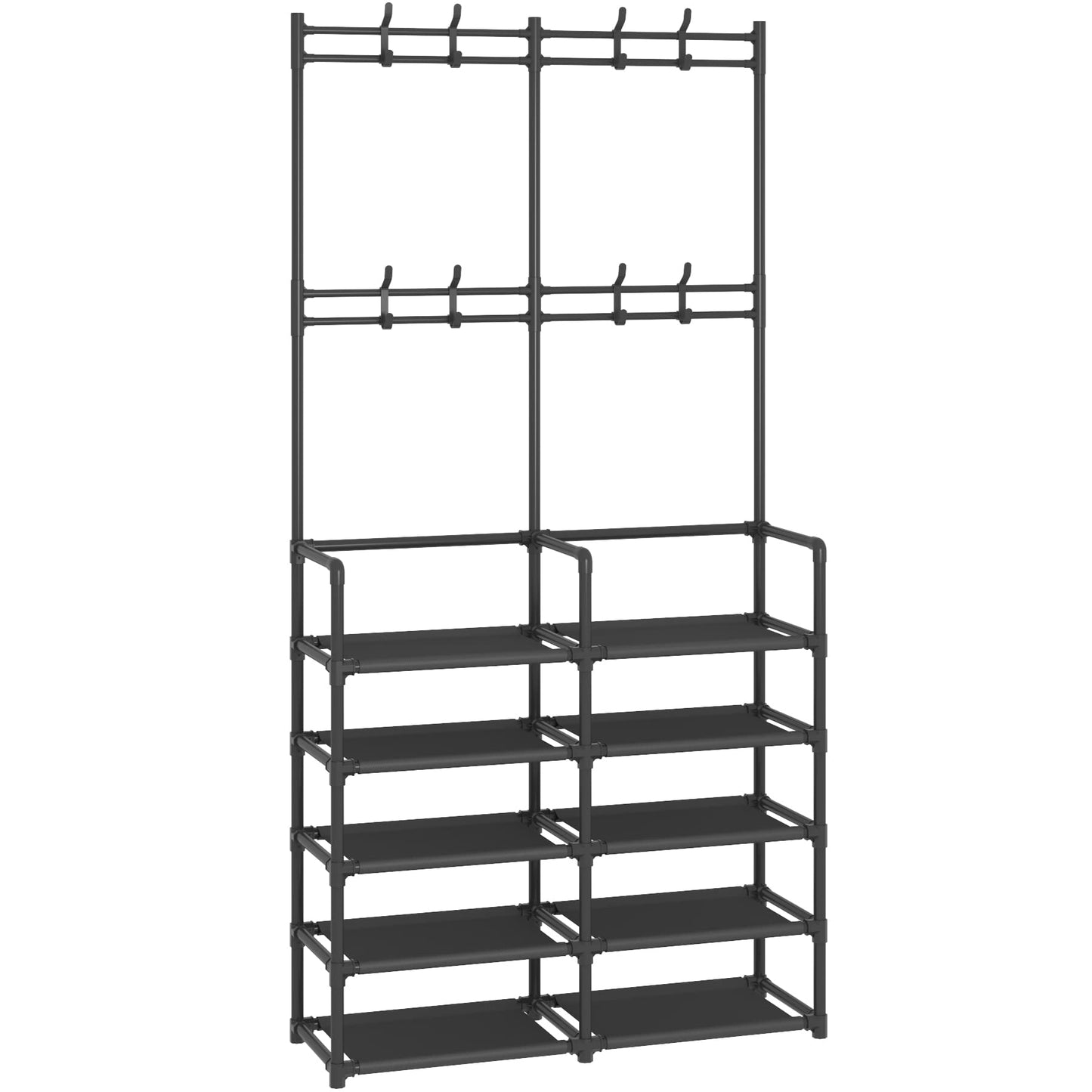 Laiensia 5-Tier Entryway Coat Rack, Coat and Shoe Rack, Entryway Bench Storage Organizer with 8 Hooks for Bedroom, Hallway, Office, Black