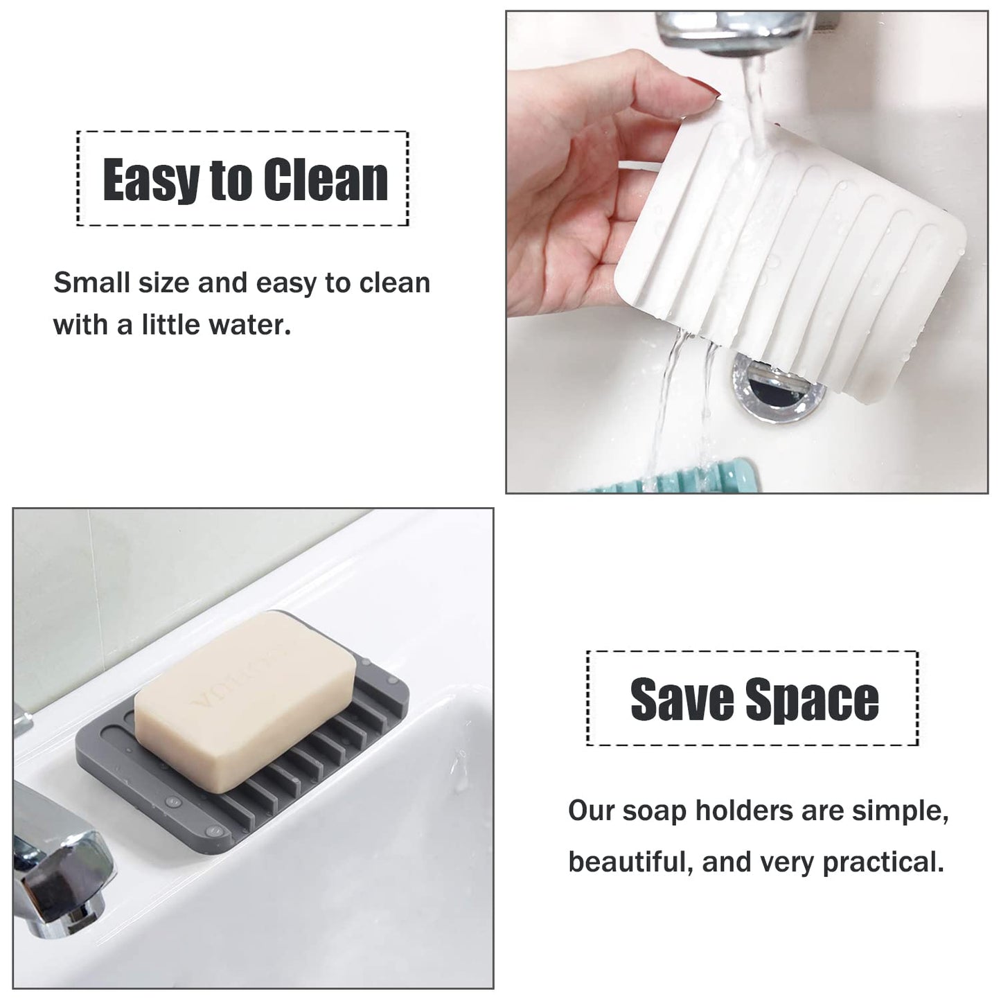 Self Draining Soap Dishes, 3 Pcs Silicone Soap Saver, Waterfall Drainer Soap Holder for Bathroom, Extend Soap Life, Keep Soap Bars Dry Clean & Easy Cleaning (White, Gray, Teal)