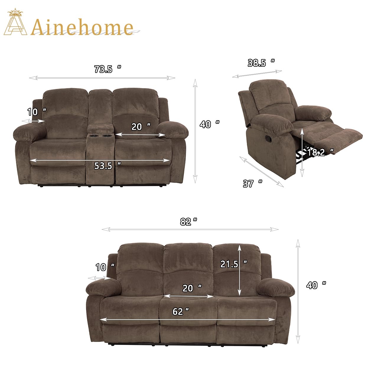 A Ainehome 3 Piece Set Corduroy Recliner Sofa Set with Storage, Modern, Taupe Brown, for Living Room/Office