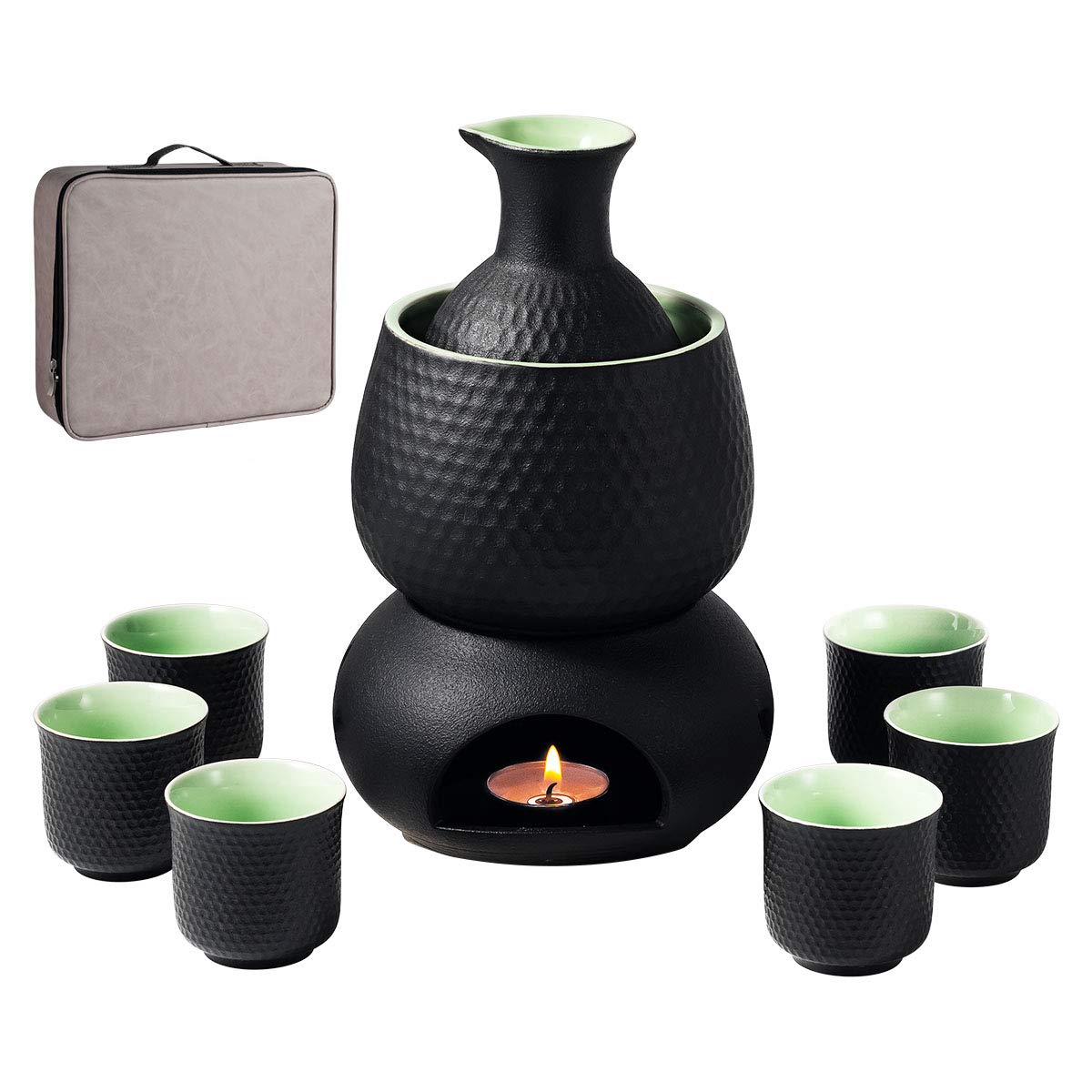 Ceramic Sake Set Cups with Warmer Keep Sake Storage Box, Traditional Porcelain Pottery Hot Saki Drink, 9pcs include 1 Stove 1 Warming Bowl 1 200ml Sake Bottle 6 Cup