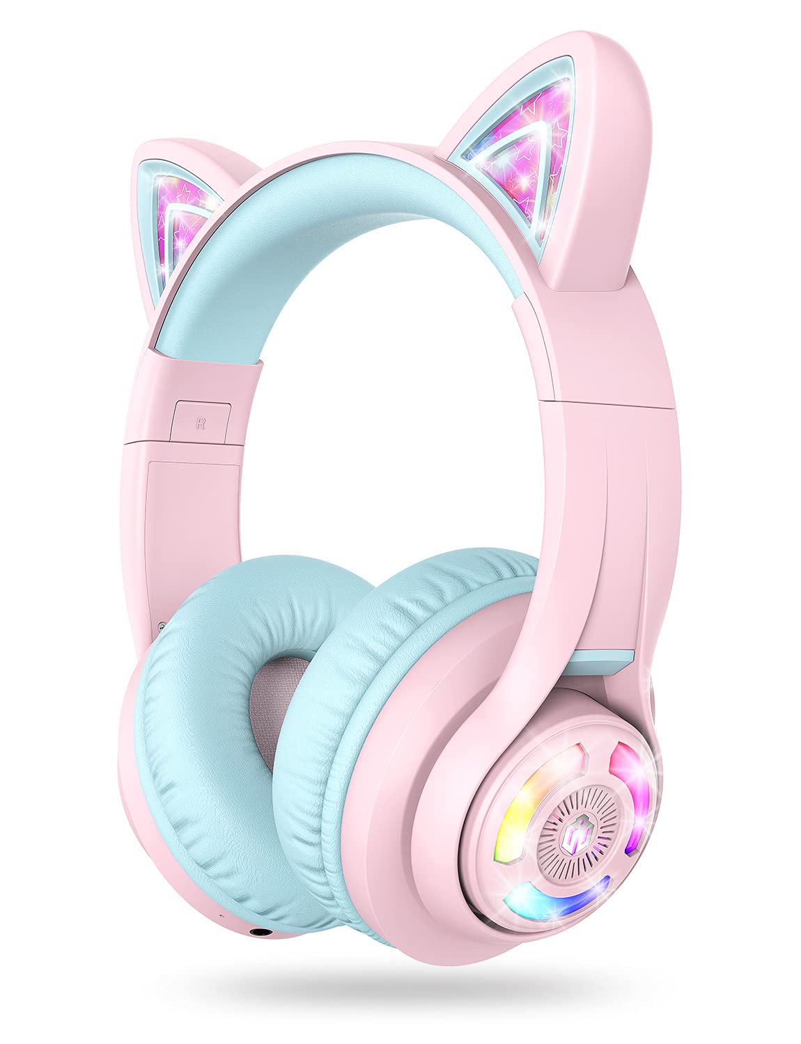 iClever Cat Ear Kids Bluetooth Headphones, LED Lights Up, 74/85dBA Safe Volume Limited, 50H Playtime,Bluetooth 5.2, USB C, Kids Headphones Wireless for Travel iPad Tablet, Meow Macaron Pink