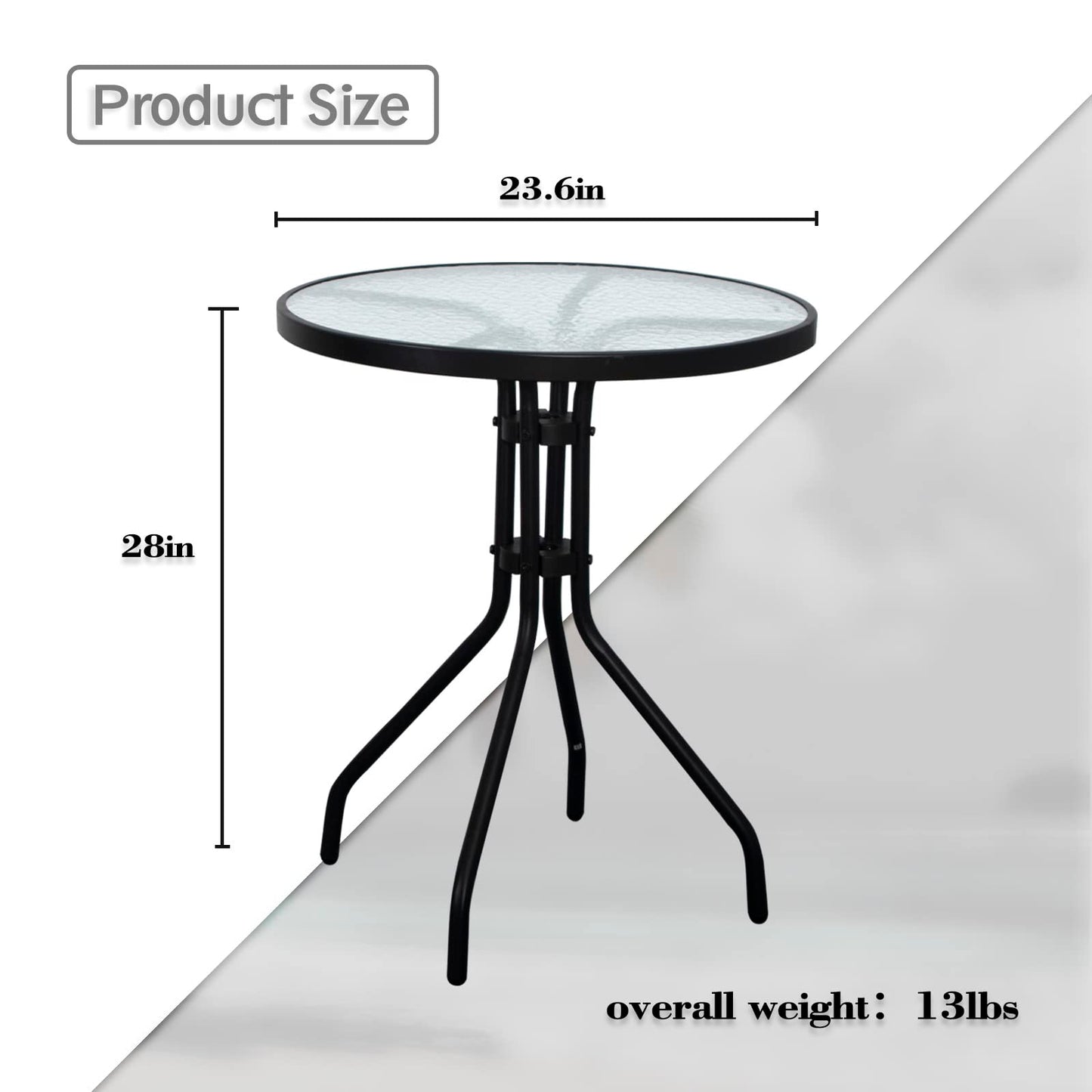 DIMAR GARDEN 24" Outdoor Side Table Patio Metal Round Bistro Coffee Table with Glass Top,Black