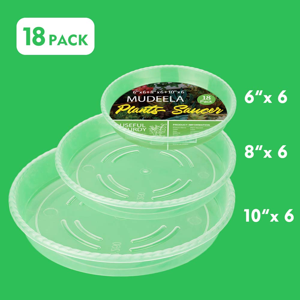 18 Pack Plant Saucers of 6 inch & 8 inch & 10 inch , Durable Plant Trays for Indoors Outdoors, Clear Plastic Flower Plant Pot Saucer, Made of Thicker, Stronger Plastic, with Taller Design (6"+8"+10")
