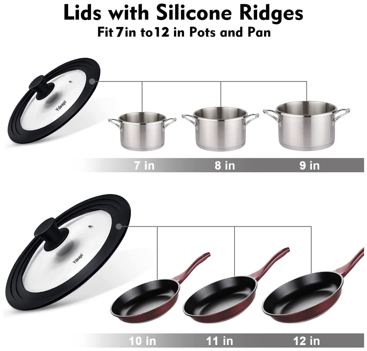 Ydeapi Universal Lids for Pots, Pans & Skillets - Fits 7", 8" & 9" Diameter, 10", 11" & 12" Diameter Cookware, Tempered Glass with High Heat Resistant Silicone Rim (2PK)