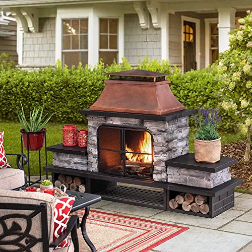 Sunjoy Outdoor Fireplace, Patio Wood Burning Fireplace with Steel Chimney, Mesh Spark Screen Doors, Fire Poker, and Removable Grate, Copper and Black