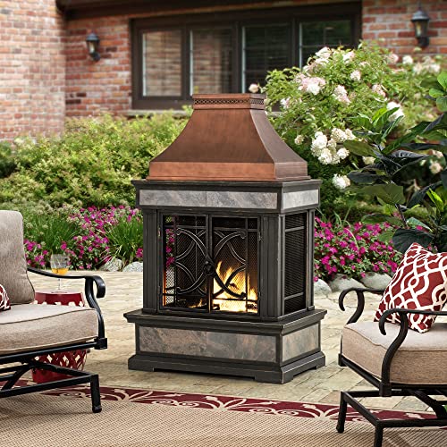 Sunjoy Outdoor Fireplace, Stone Look Tile Patio Wood Burning Steel Fireplace with Chimney, Spark Screen, Fire Poker, Rain Cover, and Removable Grate, Copper with Gray Tile