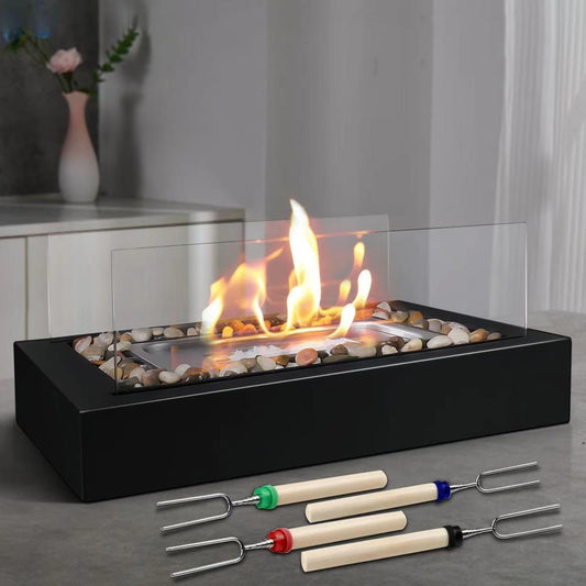 Rectangle Tabletop Fire Pit, Smores Maker Kit Portable Indoor/Outdoor Table Top Firepit, Safer Burning Tabletop Fireplaces with Cobblestone- Gift for Home Decor & Balcony Parties, Housewarming Gift