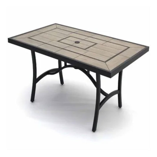 Four Seasons Courtyard Highland 40 by 66 Inch Al Fresco Dining Table with Grouted Wood Look Tile Top and Cast Aluminum Frames, Black/Taupe