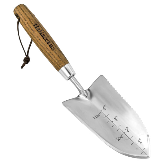 Haliaeetus Garden Trowel with Serrated Edge, 4'' Depth Marks Planting Shovel, V-Shaped Sharp Edge Garden Shovel, Stainless Steel Hand Shovel with Comfortable Wood Handle for Planting and Weeding