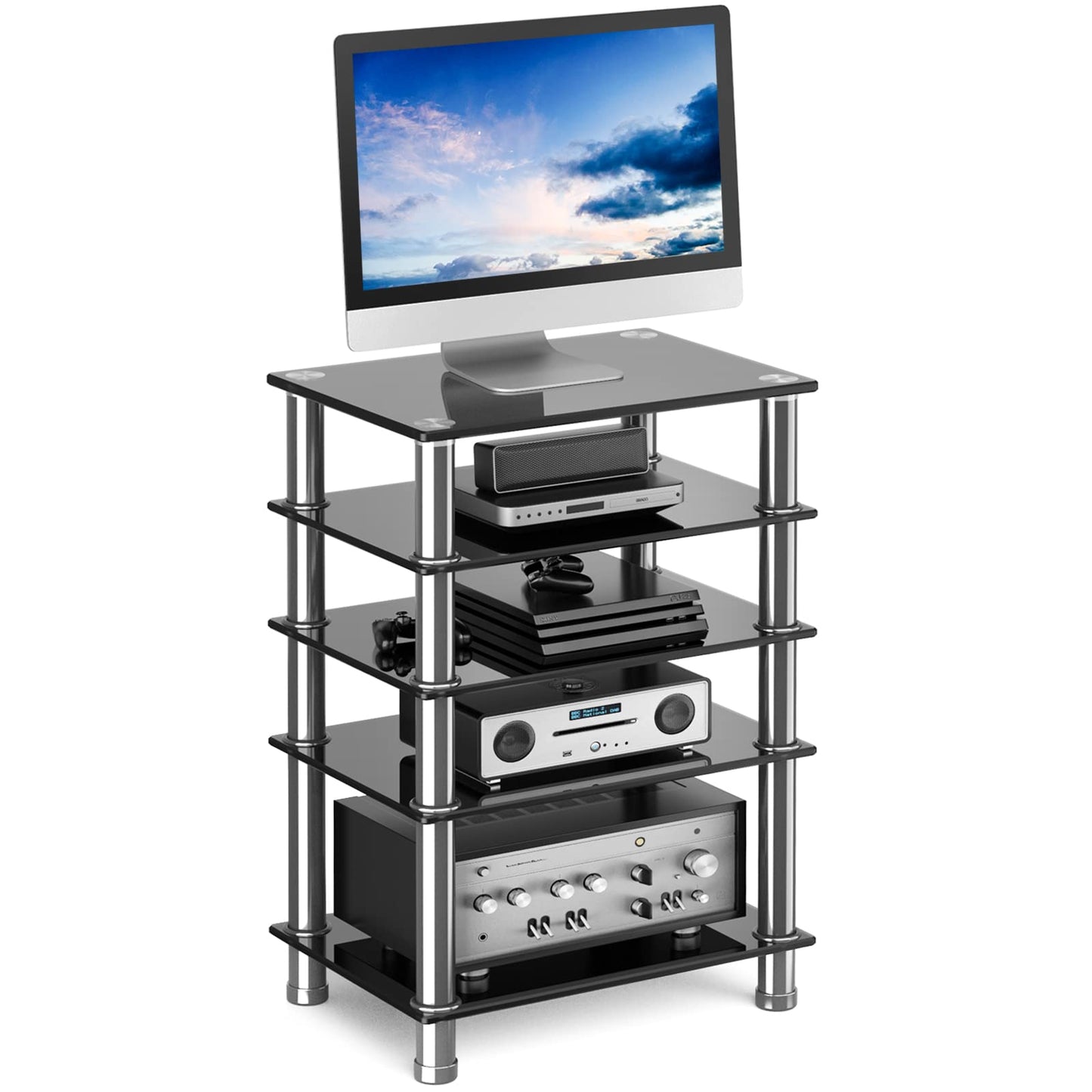 Audio-Video Media Stand with 5-Tier Tempered Glass Shelves, Modern AV Cabinet with Ample Storage for Entertainment Stereo Components, Sturdy Audio Rack Stand Tower for Living, Gaming, Recording Room.