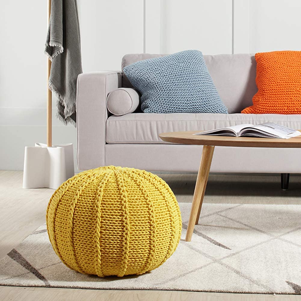 HAPPLiGNLY Footstool Hand Knitted Round Pouf,Cable Style Cotton Braided Rope Floor Comfortable Seat Footstool-C 48X48X35Cm(19X19X14Inch)