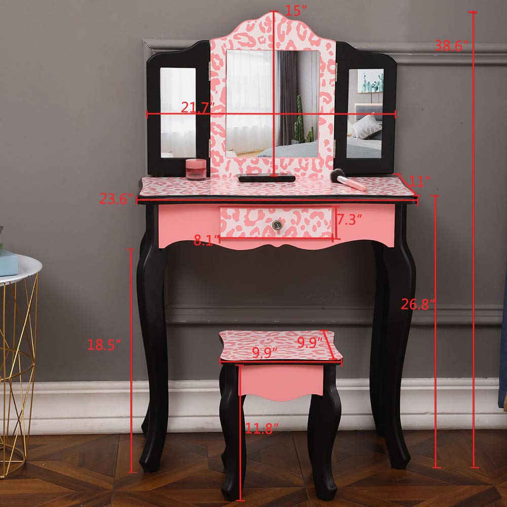 Kids Vanity Table and Chair Set, Girls Vanity Set with Mirror and Stool, Tri-Folding Mirror, Makeup Dressing Princess Table with Drawer, Kids Vanity Set with Mirror (Black & Pink)