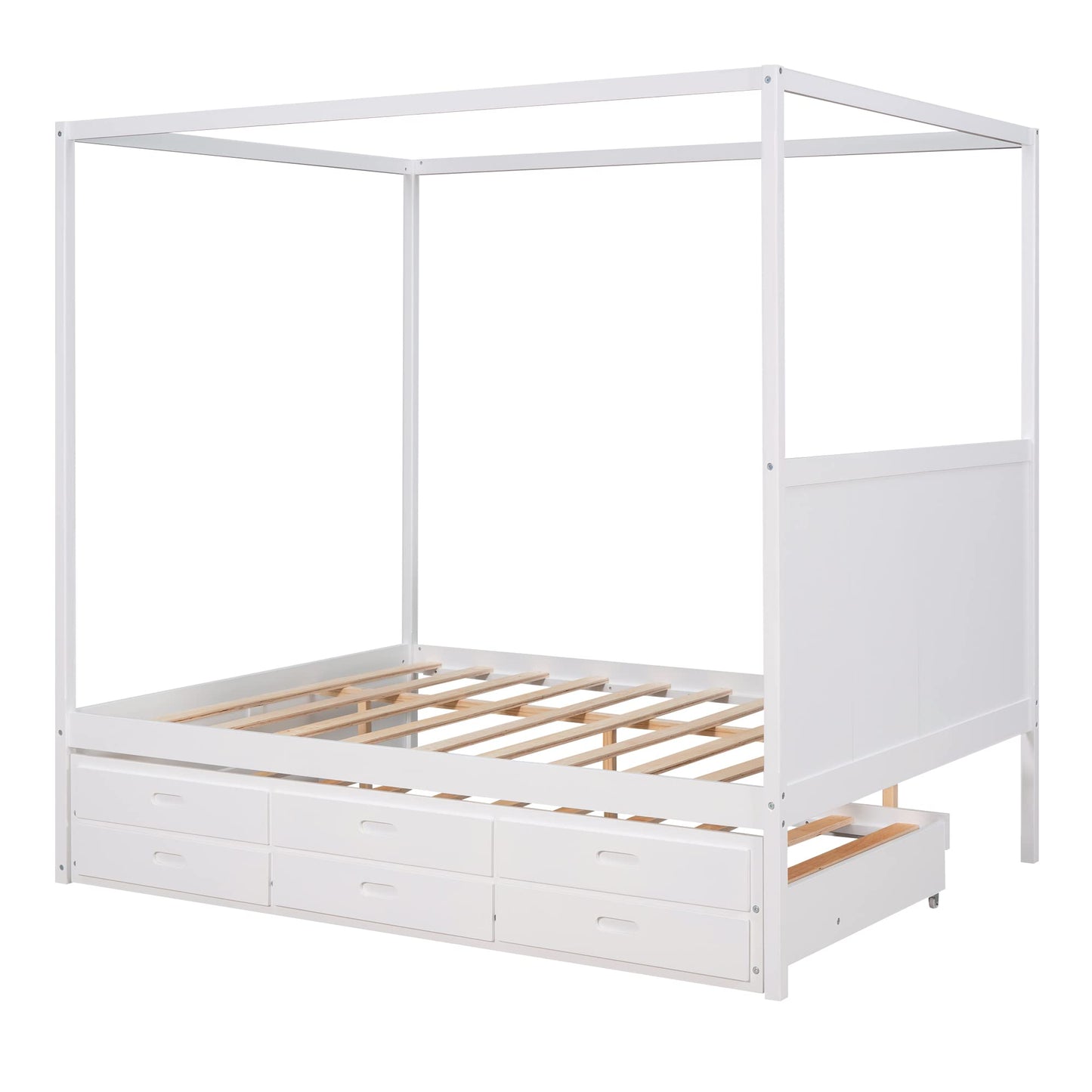 Favfurish Queen Size Canopy Platform Bed with Twin-Size Trundle and Three Storage Drawers,Easy to Assemble,Wood Bed-Frame for Children Teens Adults,Suitable for Bedroom,White