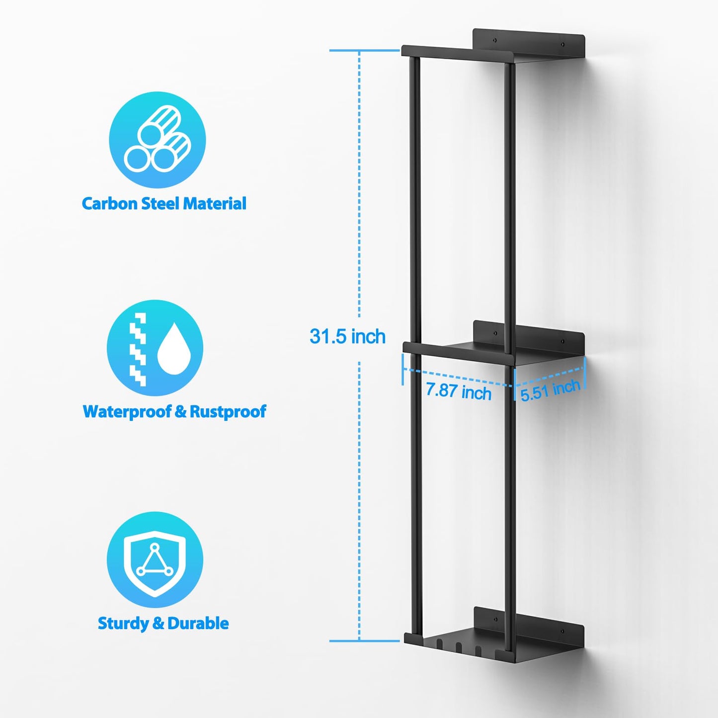 Liuoud Towel Rack for Bathroom, Wall Mounted Bath Towel Holder Storage Organizer for Rolled Towels, Vertical Towel Rack with Shelf Can Holds Up 6 Large Bath Towel, Black