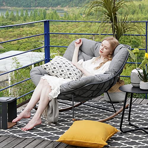 Grand patio Rocking Chair Outdoor, E-Coated Papasan Rocking Chair with Cushion, Outdoor Rocker Recliner Chair for Patio Porch Garden Backyard, Grey