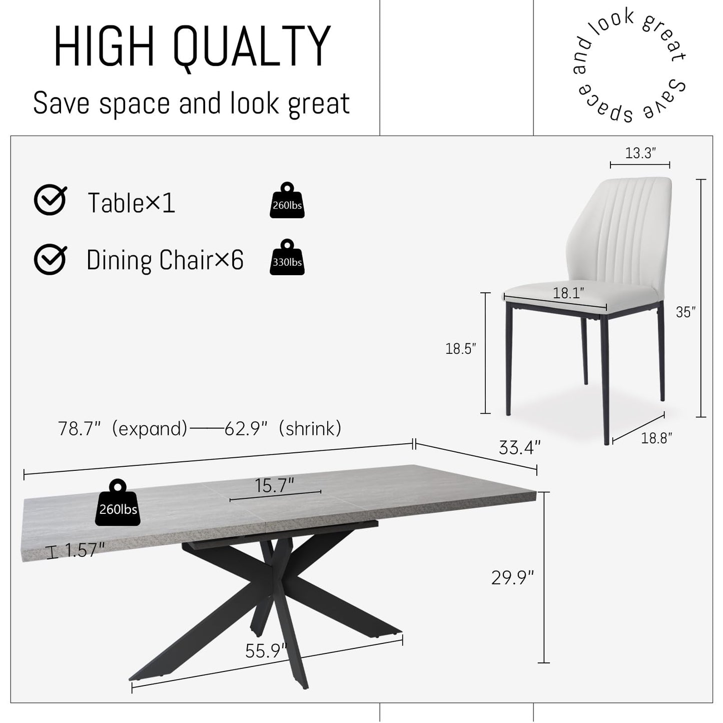 ZckyCine 6-8 People Modern Dining Table Rectangular Kitchen Dining Table Space-Saving Expandable Dining Table Metal Frame (Gray Table + 6 White Chairs)