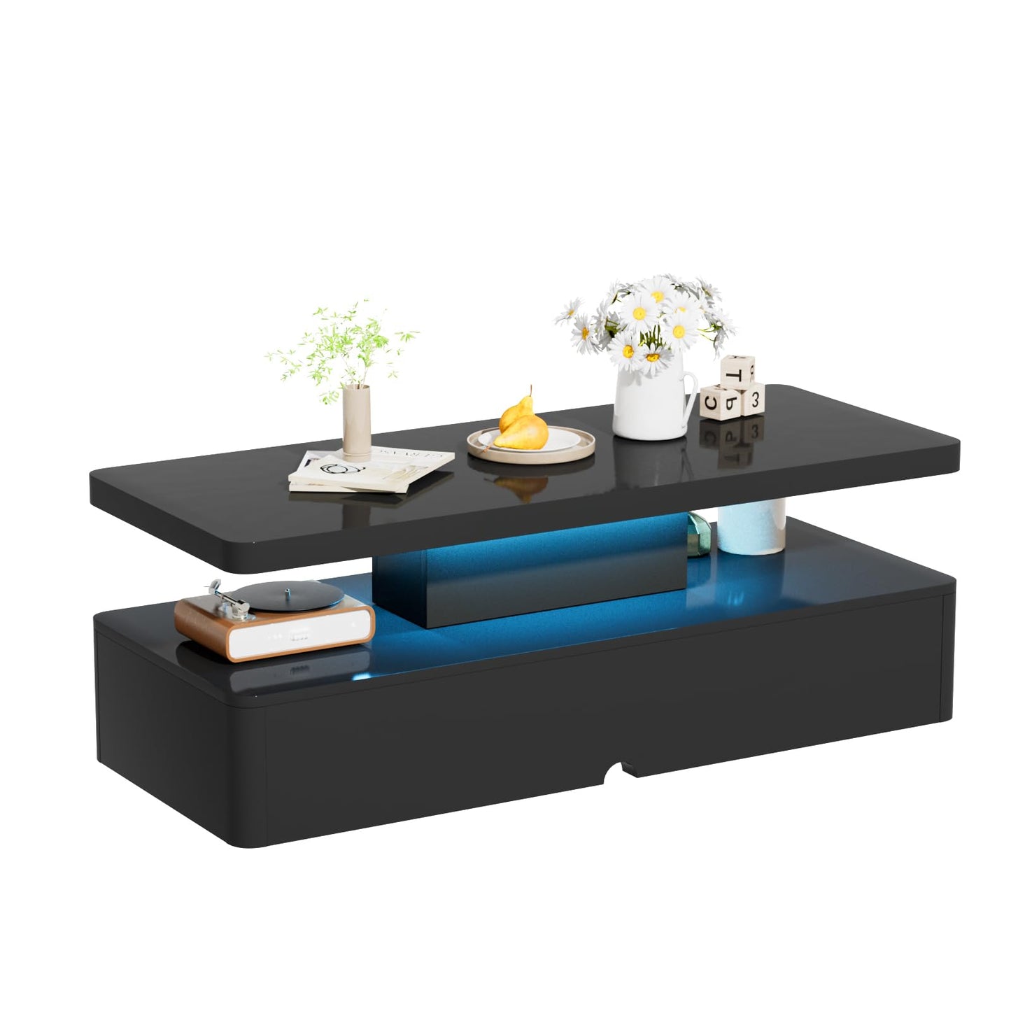 oneinmil Modern Stylish Coffee Table with 16 Colors LED Lights, Double-Layer Design for Living Room, Black