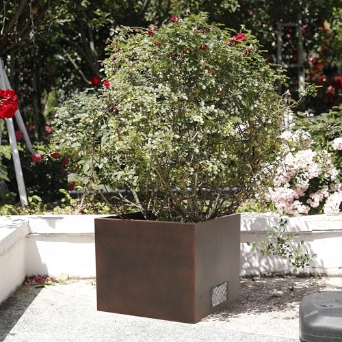 KOL 13"L.x13"W.x11"H. Metal Square Steel Planters - Modern Cube Planter Box, Outdoor Indoor Garden Pot for Plants Trees Flowers - Commercial Residential for Patio Deck Yard - All Weather Use - Bronze