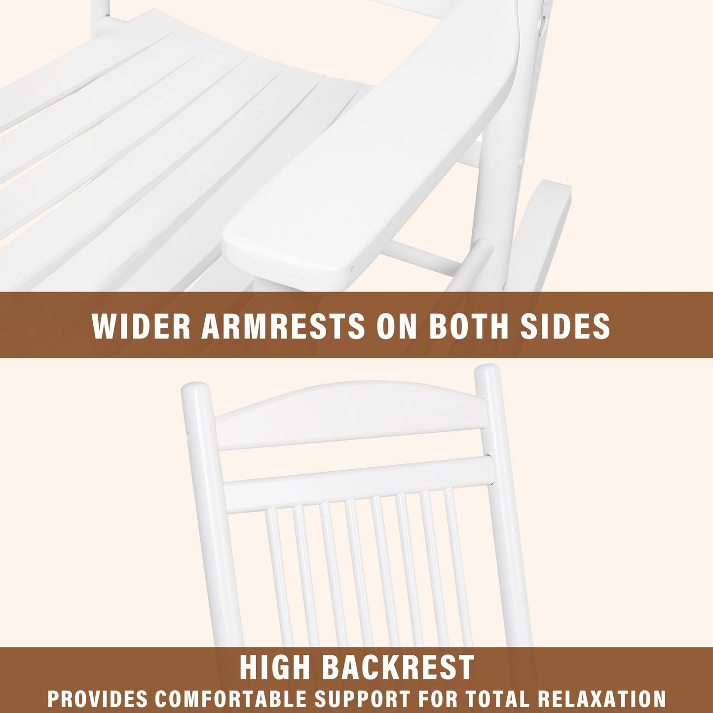 MUPATER Outdoor Rocking Chair Set 3-Piece Patio Wooden Rocker Bistro Set with Foldable Table and Curved Seat, White