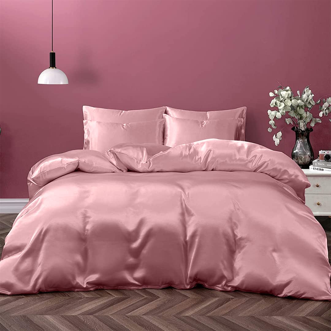 Hariom Decore 7pcs Silky Satin Comforter Set with Sheet Set (Comforter + Fitted Sheet 15"+ Flat Sheet + 4 Pillow Cases) Full XL Size,Dusty Rose