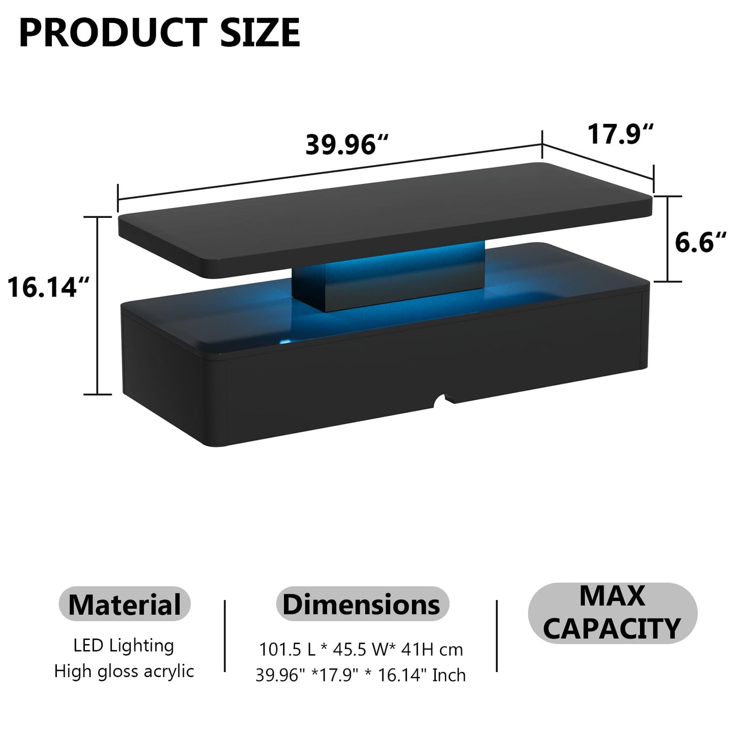 oneinmil Modern Stylish Coffee Table with 16 Colors LED Lights, Double-Layer Design for Living Room, Black