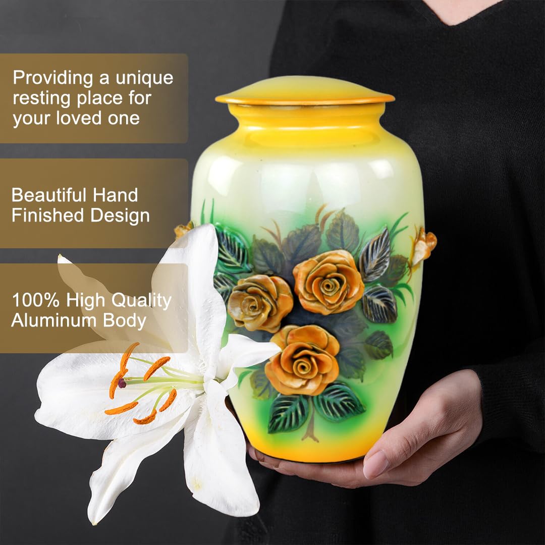 11" 3D Carved Decorative Flowers Aluminum Metal Cremation Urns for Human Ashes | Hand-Crafted Large Urn for Adult Cremation (Yellow Roses)