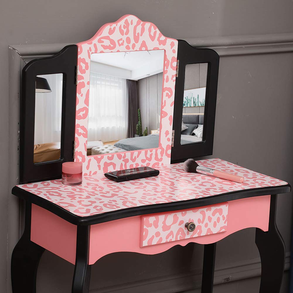 Kids Vanity Table and Chair Set, Girls Vanity Set with Mirror and Stool, Tri-Folding Mirror, Makeup Dressing Princess Table with Drawer, Kids Vanity Set with Mirror (Black & Pink)