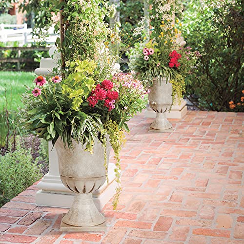 Worth Garden Plastic Urn Planters for Outdoor Plants, Tree 22'' Tall 2 Pack Round Classic Resin Flower Pots Indoor Beige Traditional Front Porch 15 in Dia. Large Imitation Stone Decorative Patio Deck