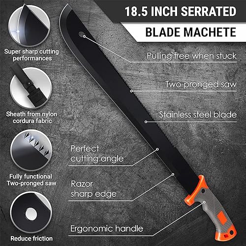 Machete with Saw - 25” Heavy Duty Tool & Sheath - Ergonomic No-Slip Handle - Survival Knife with Serrated Blade - Machetes for Bushcraft Outdoor Hunting Garden Cutting Trees and Yard Work 13153