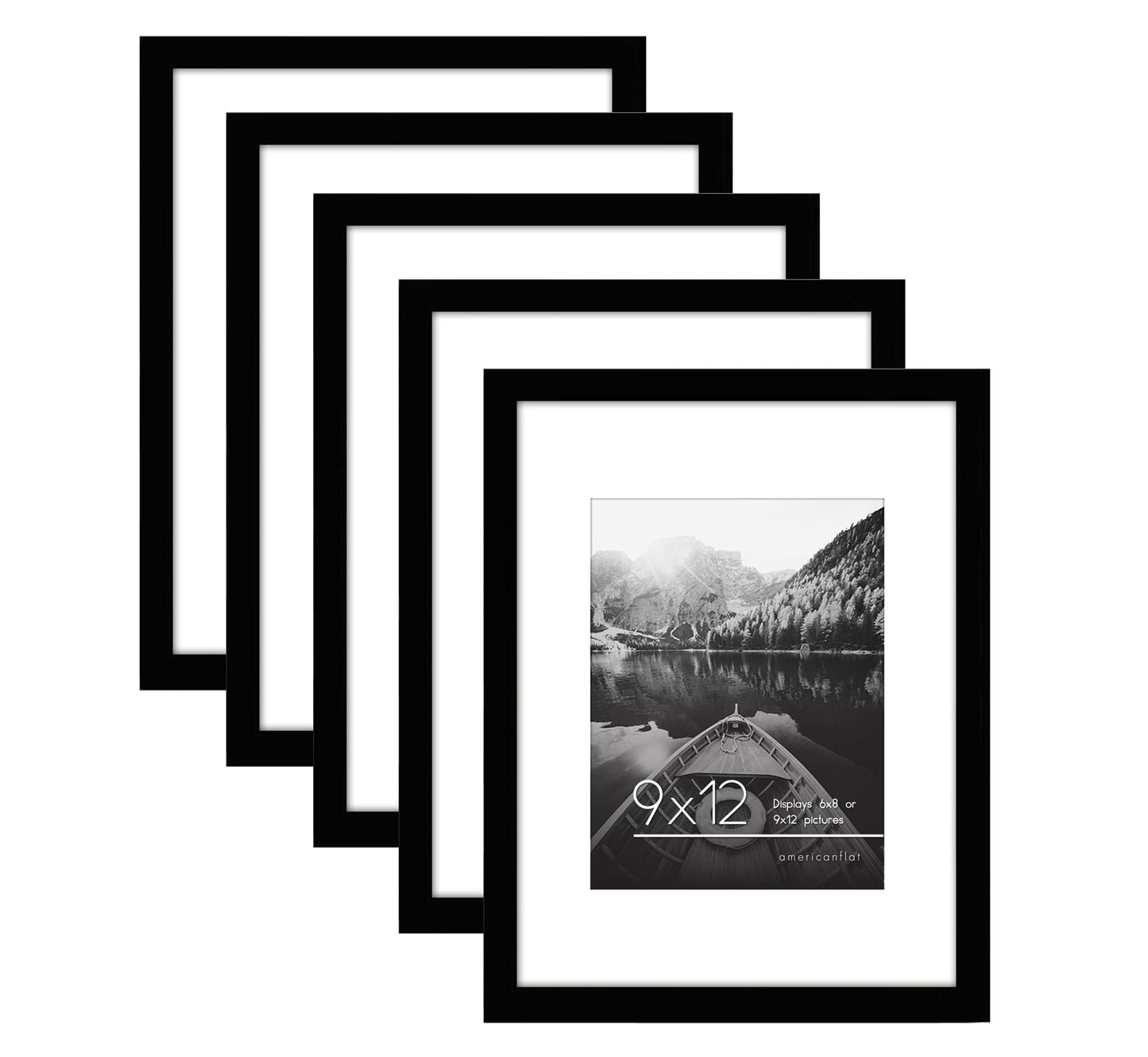 Americanflat 9x12 Picture Frame with Polished Plexiglass - Set of 5 - Use as 6x8 Frame with Mat or 9x12 Frame Without Mat - Galleria Collection - Gallery Wall Frame Set for Wall Display - Black