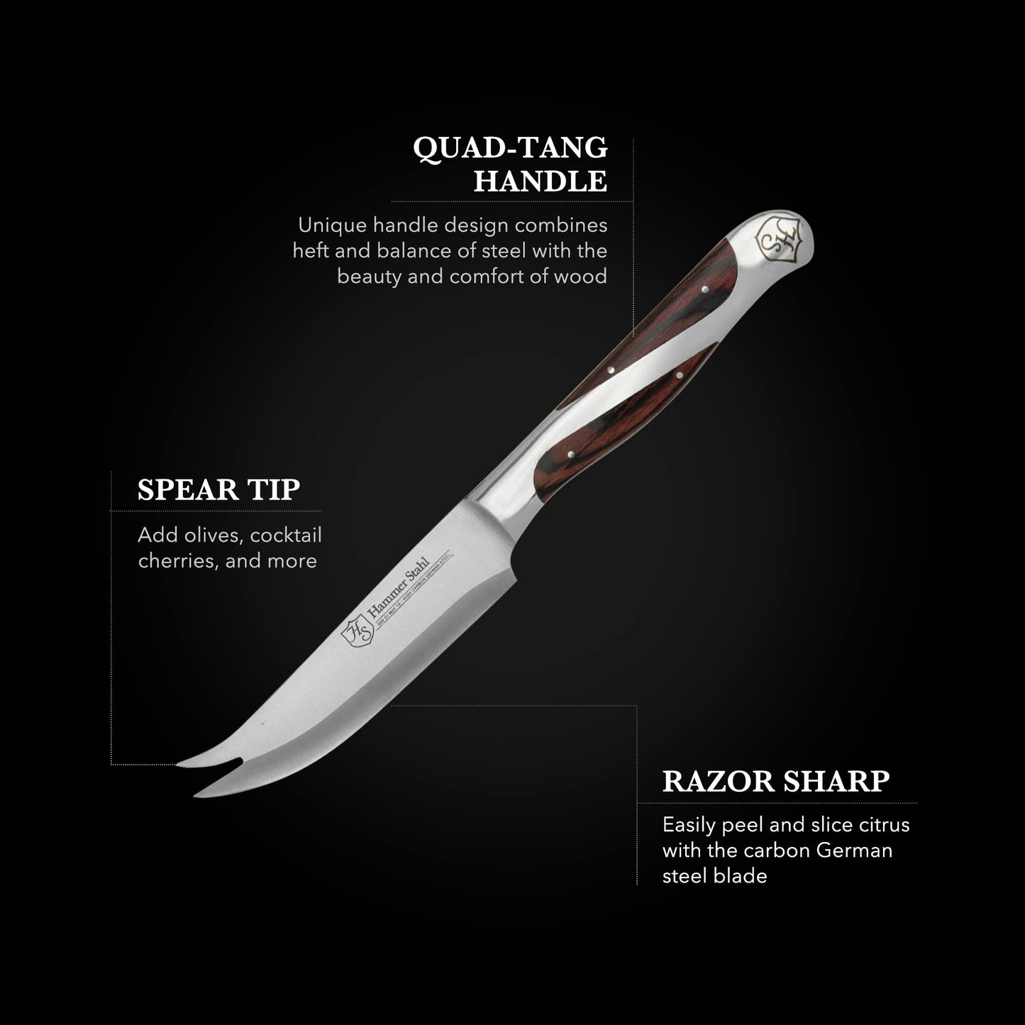 Hammer Stahl Bar Knife | Professional Bartender Knife for Garnishing, Cocktail Crafting & Citrus Peeling | High Carbon Stainless Steel Citrus Knife | Ergonomic Quad-Tang Pakkawood Handle & Gift Box