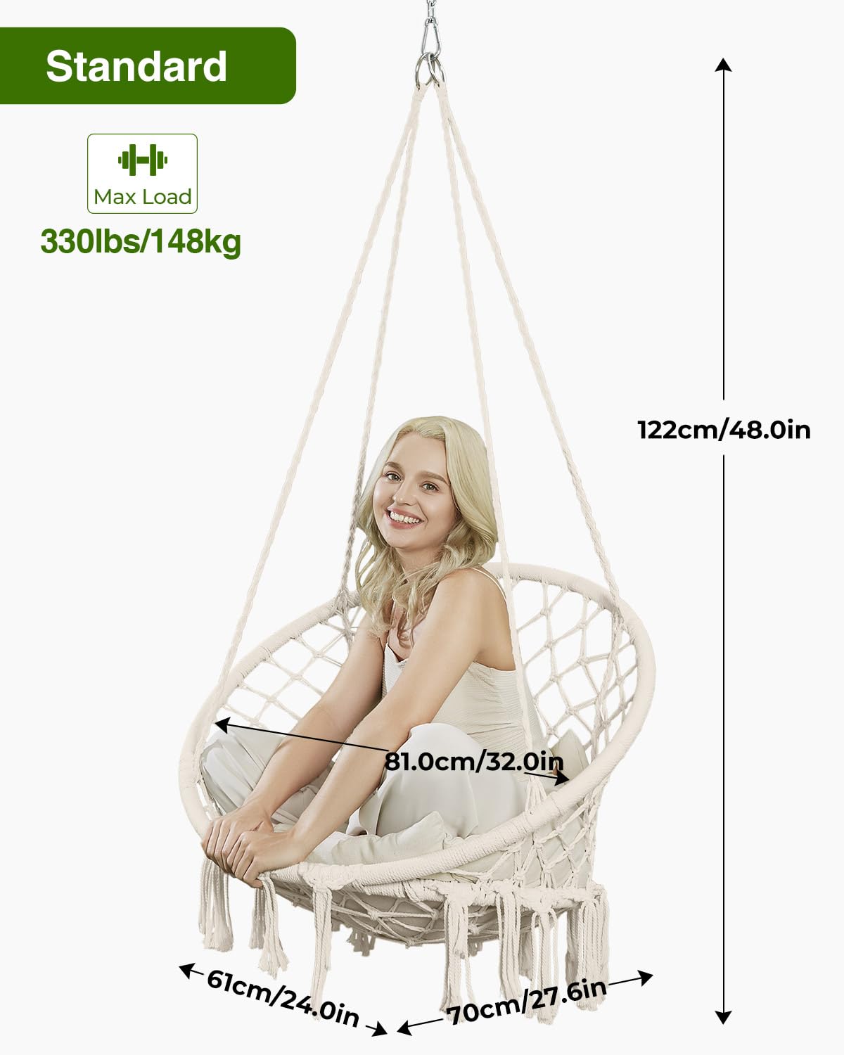 Greenstell Hammock Chair, Macrame Swing Chair with Comfy Cushion, Boho Hanging Chair for Outdoor & Indoor, Perfect for Bedroom, Patio, Balcony, Hold up to 330Lbs, Beige