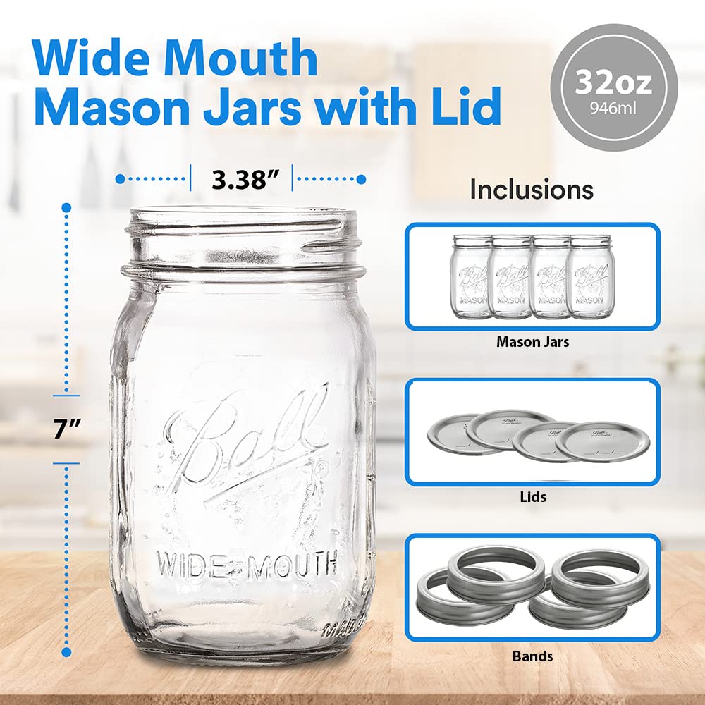 Wide Mouth Mason Jars 32 oz. (12 Pack) - Quart Size Jars with Airtight Lids and Bands for Canning, Fermenting, Pickling, or DIY Decors and Projects Bundled with Jar Opener