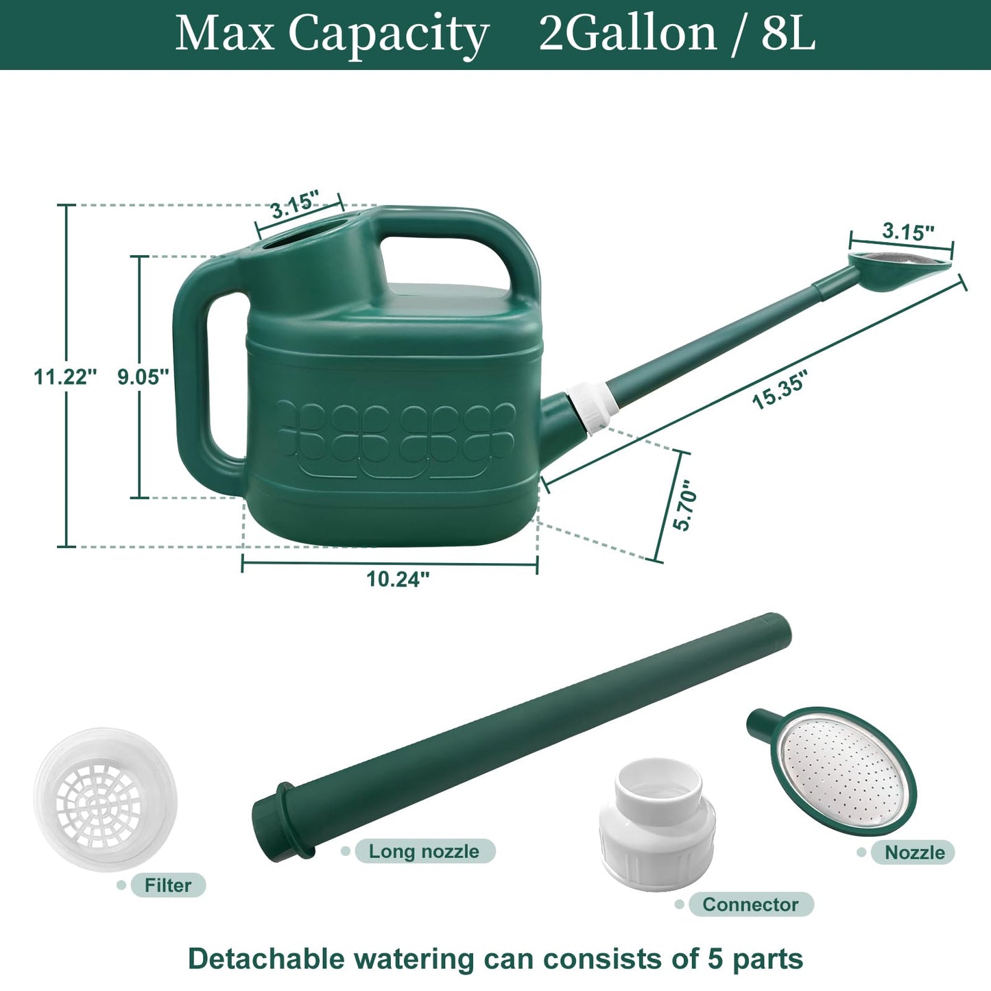 2 Gallon Watering Can for Outdoor Plants with Removable Long Spout and Stainless Steel Sprinkler Head, Large Plastic Watering Can for Garden Flowers Plants