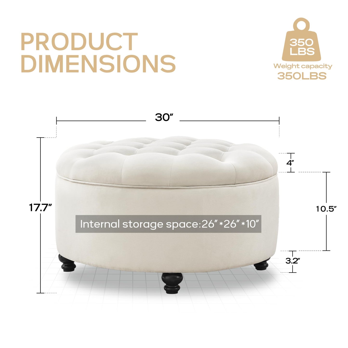 HUIMO 30-Inch Round Storage Ottoman, Modern Button Tufted Coffee Table with Removable Top, Upholstered Ottoman with Storage Footrest Stool for Living Room, Bedroom and Office(Ivory)