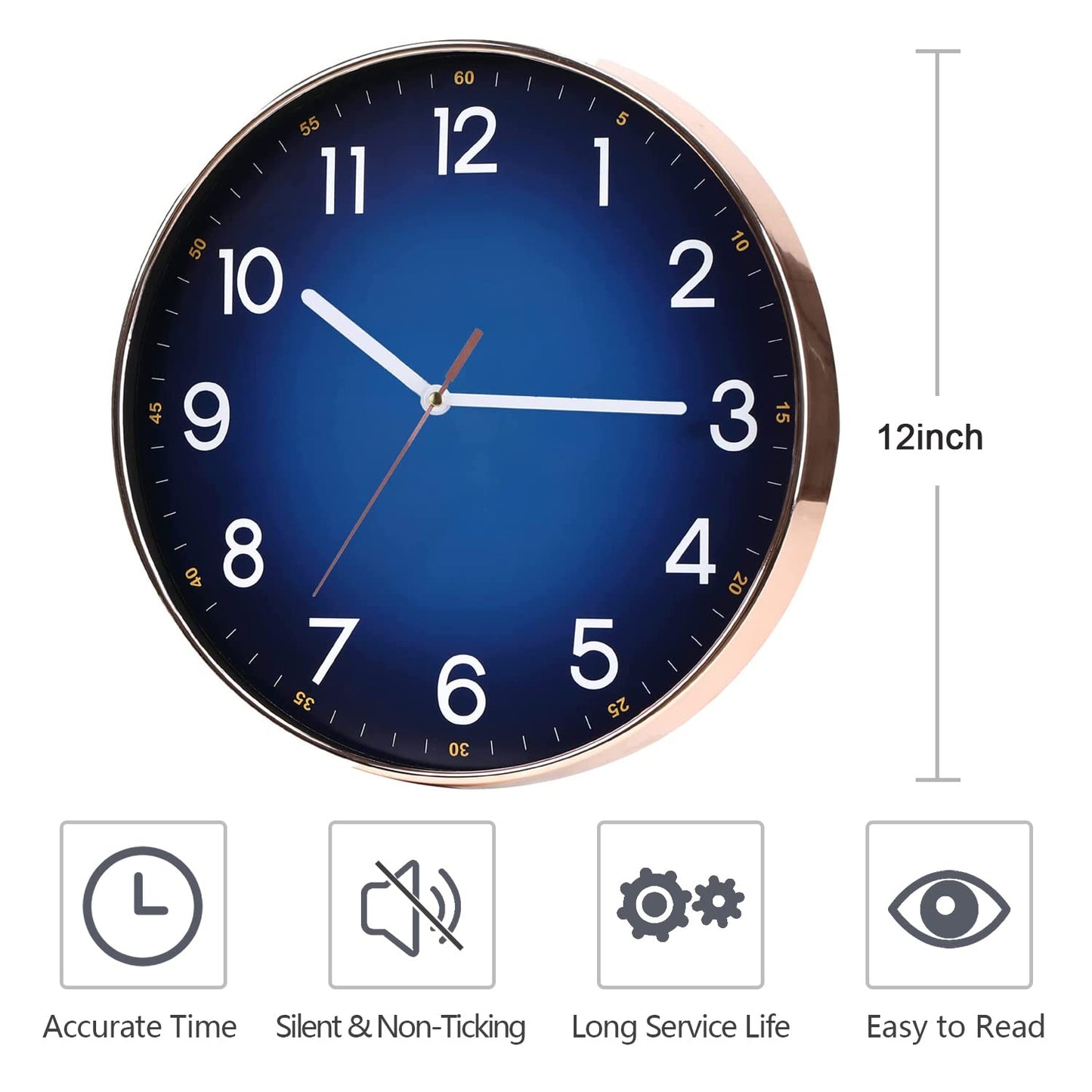 Navy Blue Wall Clock, 12" Modern Round Wall Clocks, Quality Quartz Silent Non-Ticking Wall Clock, Decor Wall Clocks for Living Room Bedroom KitchenHome