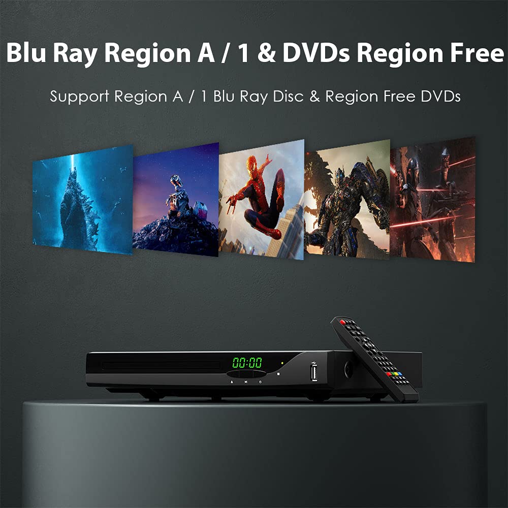 Blu Ray DVD Player, 1080P Home Theater Disc System, Play All DVDs and Region A 1 Blu-Rays, Support Max 128G USB Flash Drive + HDMI/AV/Coaxial Output + Built-in PAL/NTSC with HDMI/AV Cable