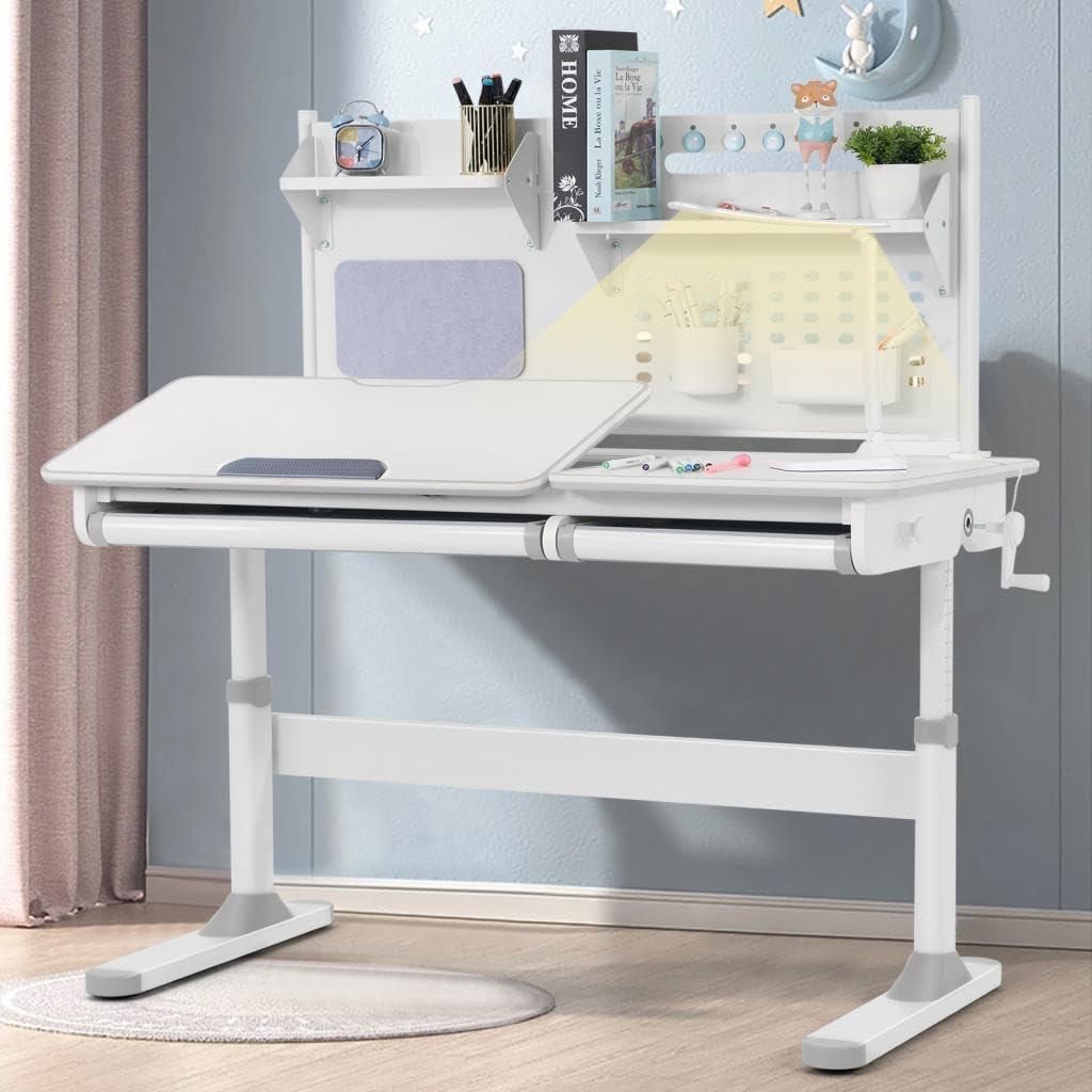 COSVALVE 47 inches Adjustable Kids Desk with Hutch, with Two Storage Drawer, LED Lamp, Tilt Desktop, Height Adjust for Home School Use,for Girls Boys (Grey) (Grey-1, Desk Only)