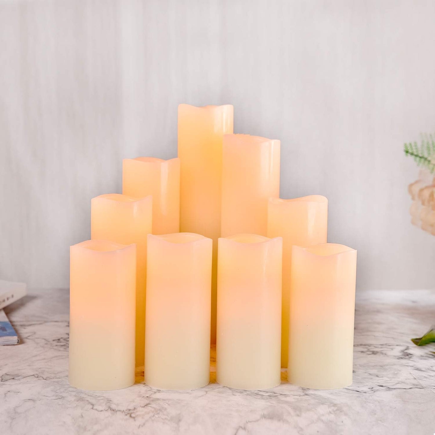 OSHINE Flameless Battery Operated Candle, LED - Set of 9 Flickering Pillar with 10-Key Remote & 24 Hours Timer, Ivory Real Wax Candles for Home Decor