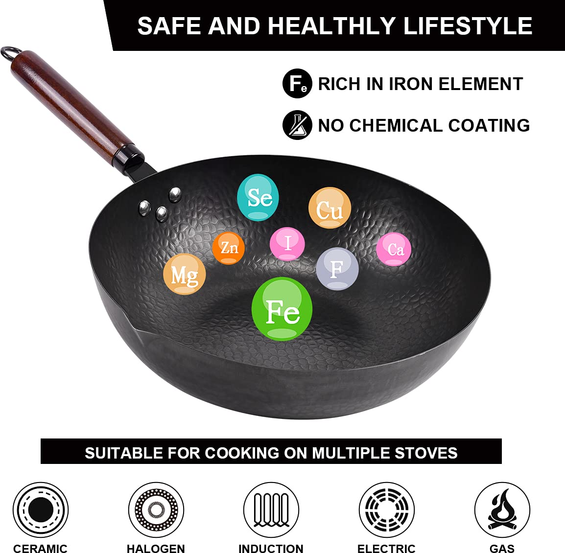 Leidawn 12.8" Carbon Steel Wok-11Pcs Woks & Stir Fry Pans Wok Pan with Lid, No Chemical Coated Chinese Wok with 10 Cookware Accessories, Flat Bottom Wok for Electric, Induction,Gas Stoves