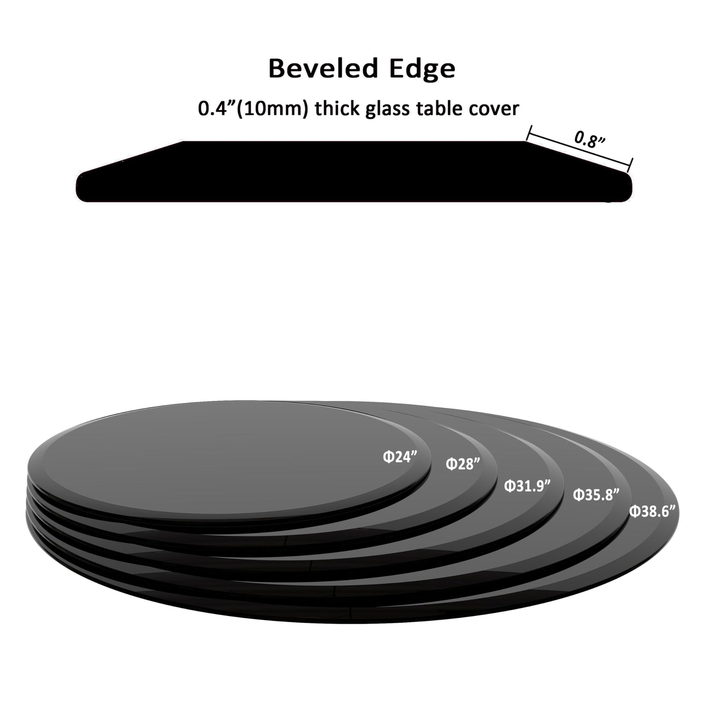 ALYIAMXL Tempered Glass Table Top, 38.6 Inch Round, 2/5 Inch Thick, Beveled Polished Edge, Black (38.6")