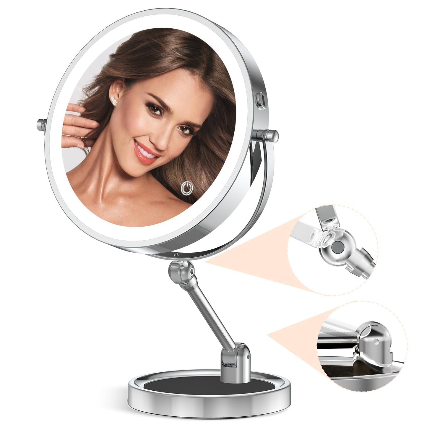 9" Large Lighted Makeup Mirror with 1X/10X Magnification, 4000mAh Rechargeable Vanity Mirror with Height Adjustable & 3 Color Dimmable Lights, 360°Swivel Double Sided Tabletop Cosmetic Mirror