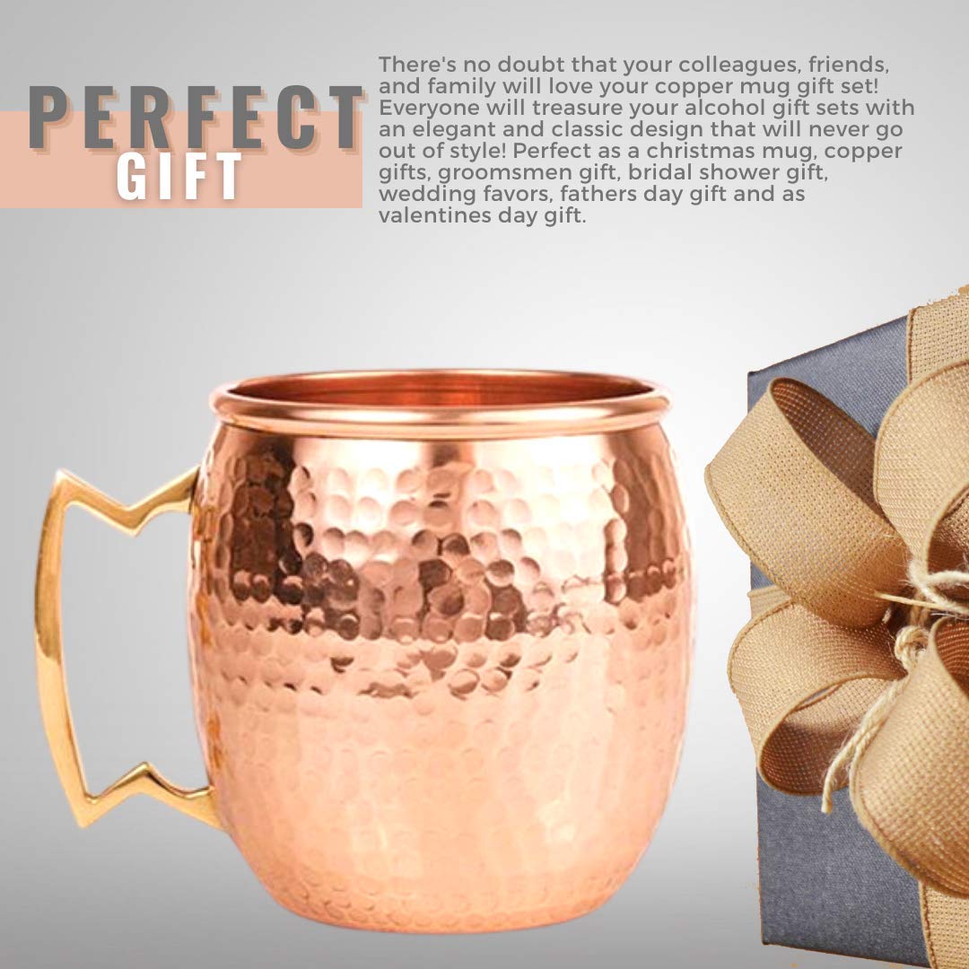 Kitchen Science [Gift Set] Moscow Mule Copper Mugs Set of 8 (16oz) w/Straws & Jigger | 100% Pure Copper Cups, Tarnish-Resistant Food Grade Lacquered Finish, Ergonomic Handle (No Rivet) w/Solid Grip