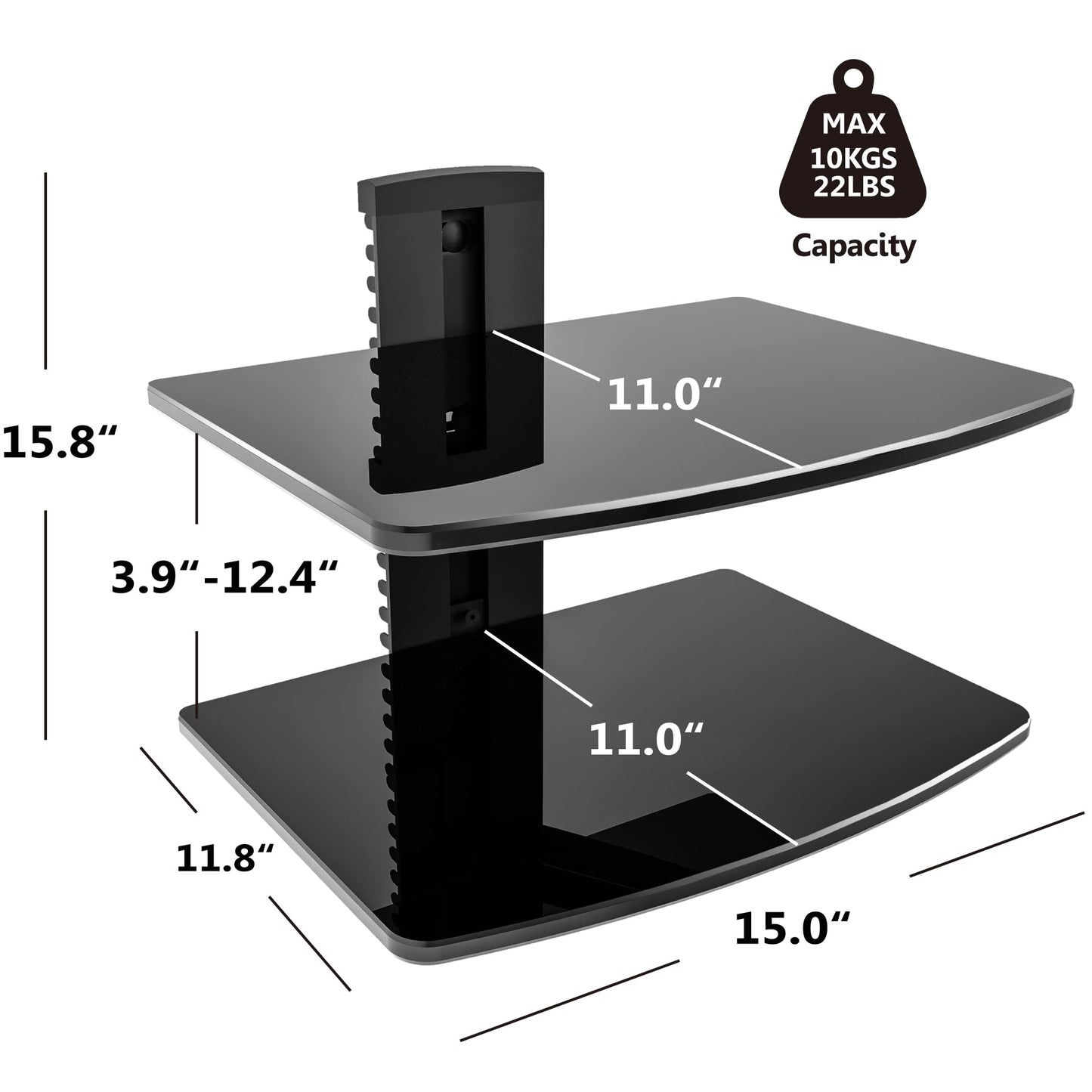 FITUEYES 2 Tiers Floating Shelves for Wall Under TV DVD Shelf Wall Mount Shelves Hold up to 22lbs Tempered Glass for PS4, Xbox, Game Console and Cable Box Black