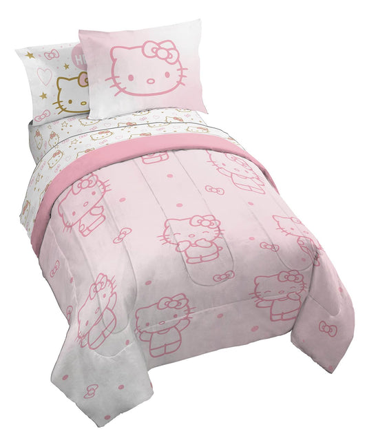 Jay Franco Hello Kitty Twin Comforter Set - 5 Piece Bedding Includes Sheet Set & Pillow Covers - Super Soft Pink Bedding